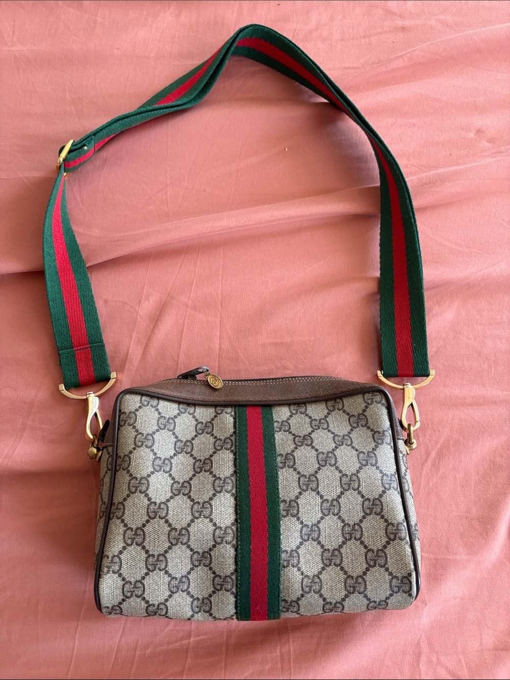 Gucci Brown GG Canvas Crossbody with Green and Red Stripe